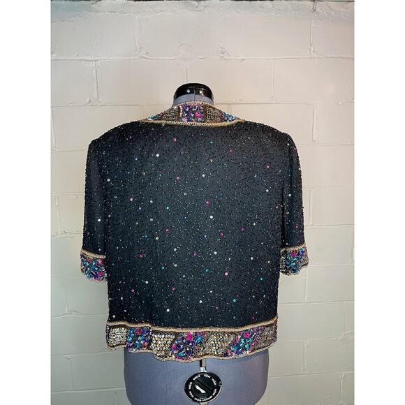 jacket beaded sequins short sleeve 100% silk black purple gold blue glam - Picture 7 of 13
